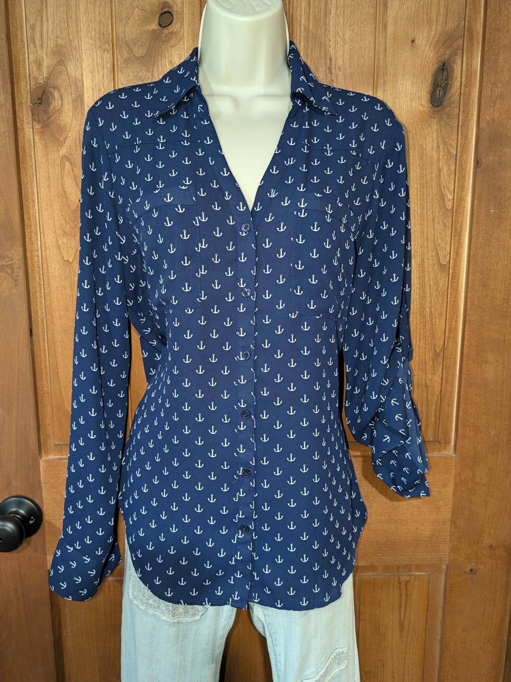 Express Navy Button-Down Blouse with White Anchor Print